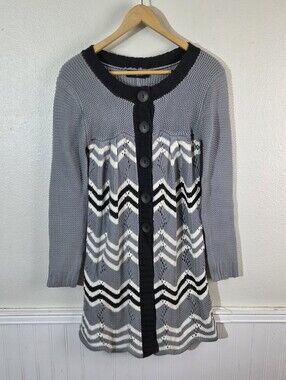 Treasure Rock Women's Gray Black Cream Chevron Wool Blend Long Cardigan Sweater